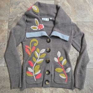 Charlie & Robin Brown 100% Wool Floral Applique Cardigan Sweater M Cottagecore